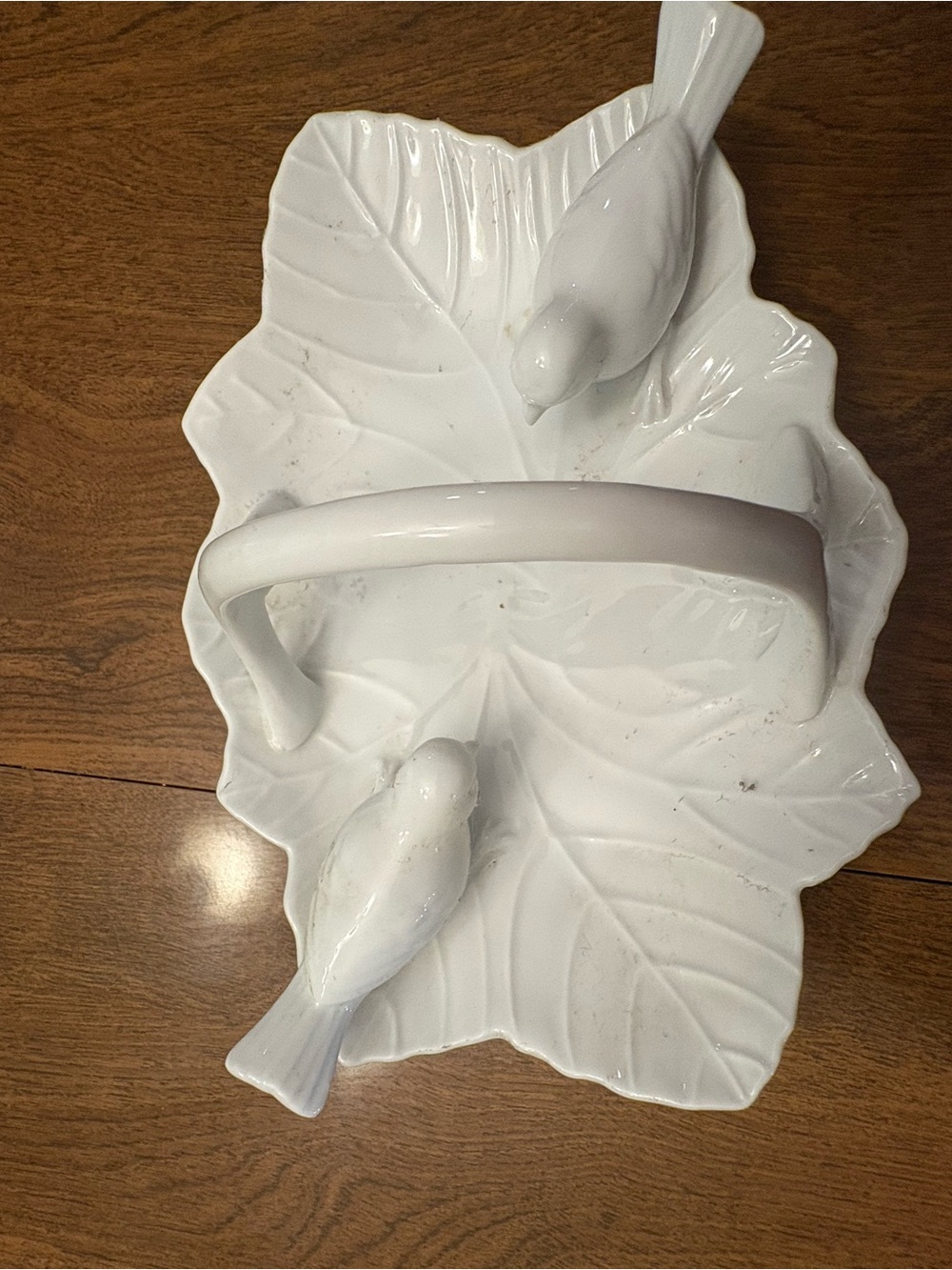 White Ceramic Leaf Tray with Two Bird Accents and Handle